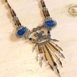 Peruvian Style Necklace Blue Glass and Bamboo Hippie Beachwear Exotic Boho